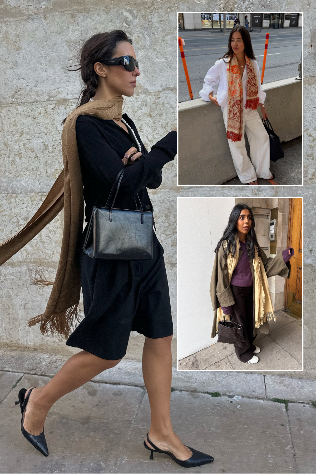 A collage of the useless scarf trend, one of the biggest styles to make a comeback for winter.