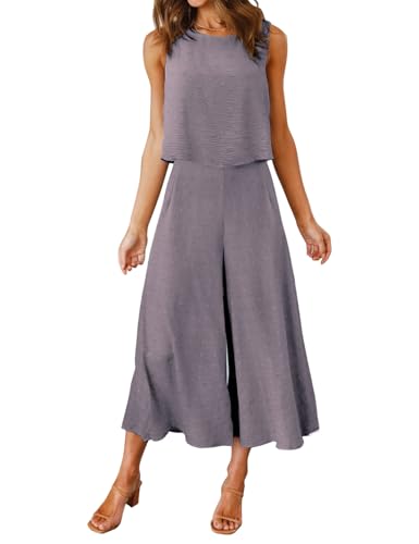 Roylamp Women's Summer 2 Piece Outfits Round Neck Crop Basic Top Cropped Wide Leg Pants Set Beach Jumpsuits Grey Swiss Dot Xxl