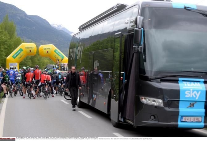 Team Sky's bus at the start of the reduced stage