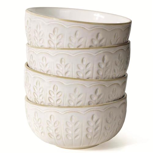 Artena Soup Bowls 32 Oz, Cereal Bowls Set of 4, White Embossment Ceramic Ramen Bowls for Dinner, Salad, Pho, Noodle, Pasta, Snacks, Dishwasher Microwave Safe, 6.3 Inch, Wheat Leaf