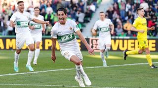 Pere Milla celebrates after scoring Elche&#039;s third goal in their 3-1 win over Villarreal in LaLiga in February 2023.