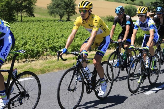 Daryl Impey (Orica GreenEdge) resplendent in the maillot jaune during stage 8 to Ax 3 Domaines