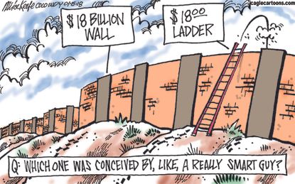 Political cartoon U.S. Trump stable genius border wall immigration