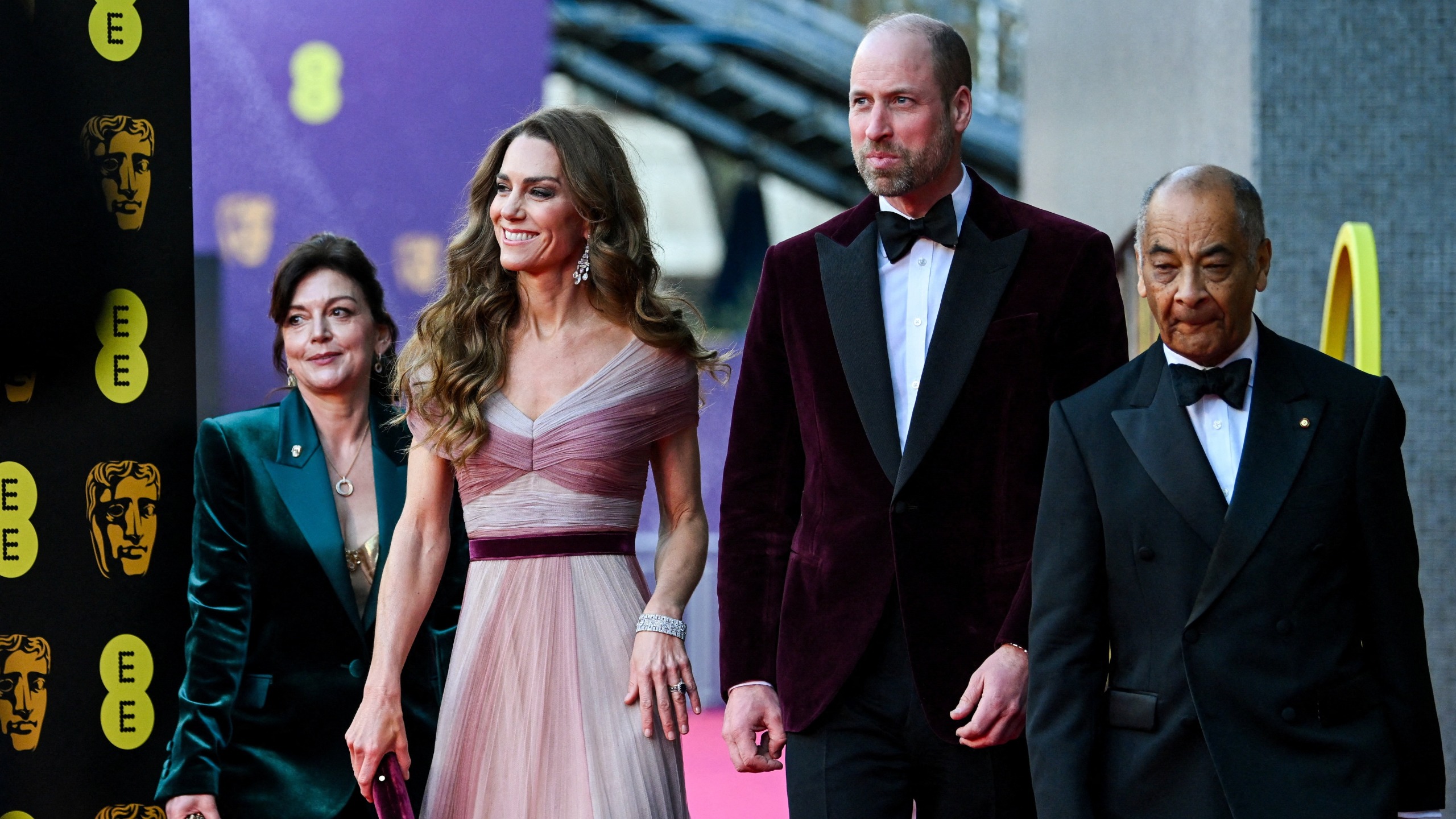 Catherine, Princess of Wales and Prince William arrive with Jane Millichip, CEO of BAFTA and Lord-Lieutenant of Greater London Ken Olisa for the BAFTA Film Awards on February 22, 2026