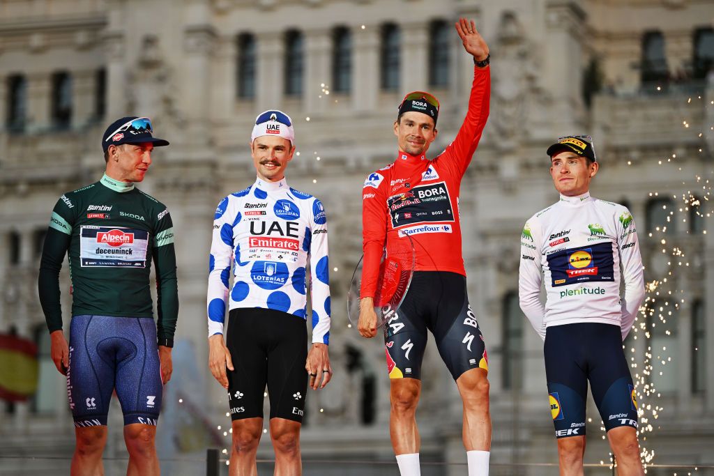 The classification winners on the podium of the Vuelta a Espana in Madrid