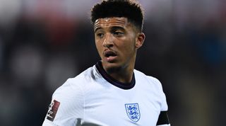 ANDORRA LA VELLA, ANDORRA - OCTOBER 09: Jadon Sancho of England looks on during the 2022 FIFA World Cup Qualifier match between Andorra and England at Estadi Nacional on October 09, 2021 in Andorra la Vella, Andorra. (Photo by David Ramos/Getty Images)