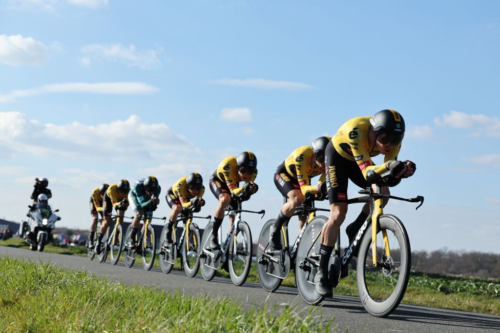 Australian Rohan Dennis leads the JumboVisma riders during the third stage of the 81st edition of the ParisNice eight days cycling race a 322 km team time trial with start and finish in DampierreenBurly France Tuesday 07 March 2023BELGA PHOTO DAVID PINTENS Photo by DAVID PINTENS BELGA MAG Belga via AFP Photo by DAVID PINTENSBELGA MAGAFP via Getty Images