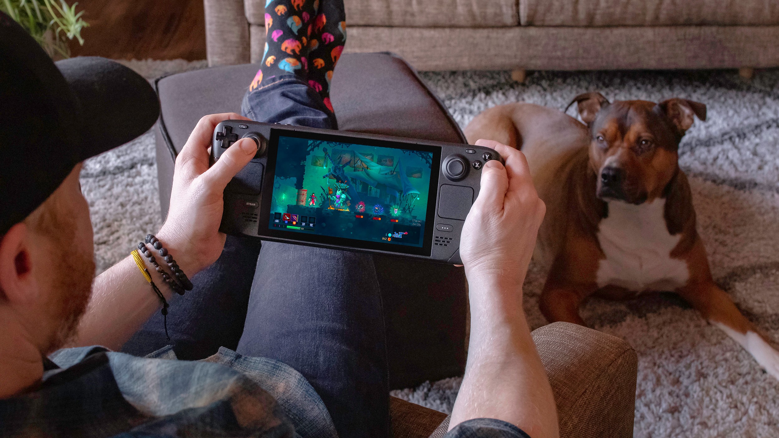 Person playing with the Steam Deck with dog in photo