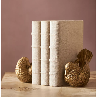 gold bird bookends on either side of a set of beige bound hardbacks