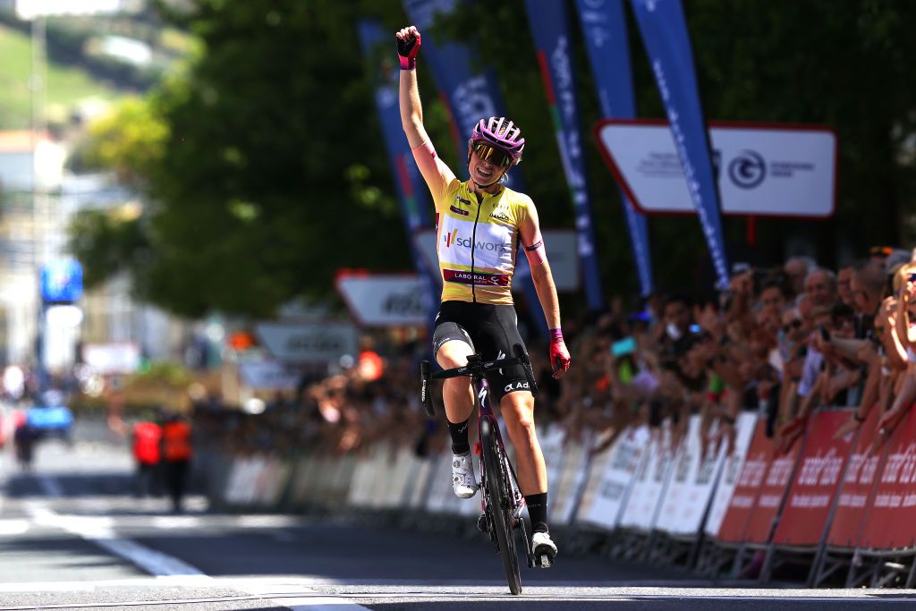 SAN SEBASTIAN SPAIN MAY 15 Demi Vollering of Netherlands and Team SD Worx Yellow Leader Jersey celebrates winning the 1st Itzulia Women 2022 Stage 3 a 1398km stage from DonostiaSan Sebastin to DonostiaSan Sebastin ItzuliaWomen UCIWWT on May 15 2022 in San Sebastian Spain Photo by Gonzalo Arroyo MorenoGetty Images