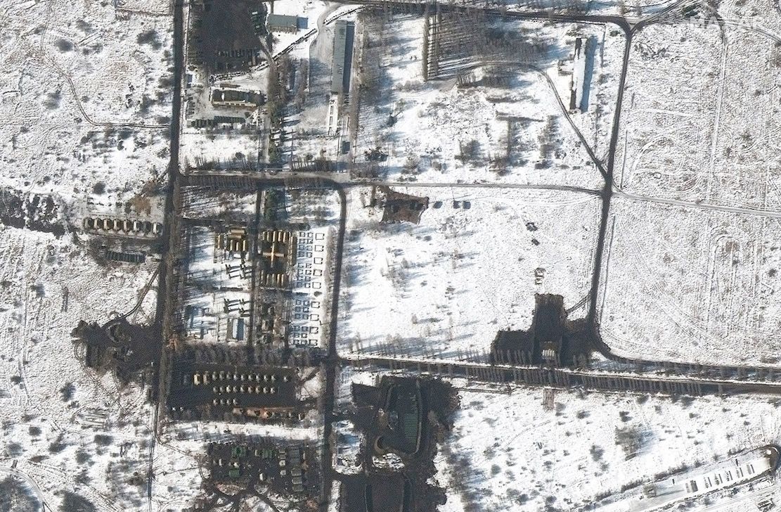 This image, snapped on Feb. 21, 2022, by Maxar&rsquo;s Worldview-2 satellite, shows an overview of a field hospital and troop deployment in western Belgorod.