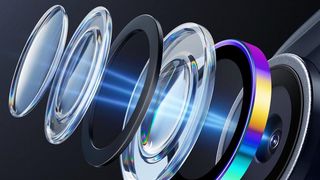 A detailed, exploded view of a smartphone camera lens assembly, showing multiple glass and plastic elements separated from one another, with a blue light beam passing through them.