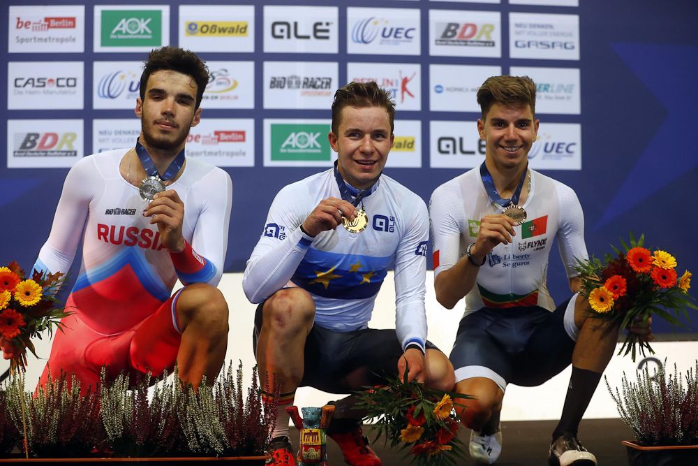 Men's Elimination race podium: Maksim Piskunov (Russian Federation), Gerben Thijssen (Belgium) and Rui Oliveira (Portugal)