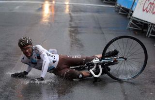 Jean-Christophe Peraud crashes after the finish line on Stage Four of the 2013 Tour of the Basque Country