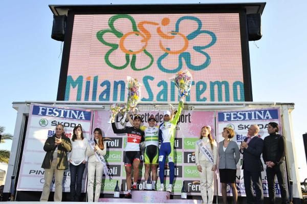 The podium at Milan-San Remo: Fabian Cancellara, Simon Gerrans, Vicenzo Nibali