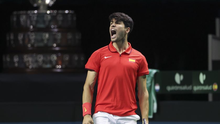 Carlos Alcaraz in action for Spain at the Davis Cup. 
