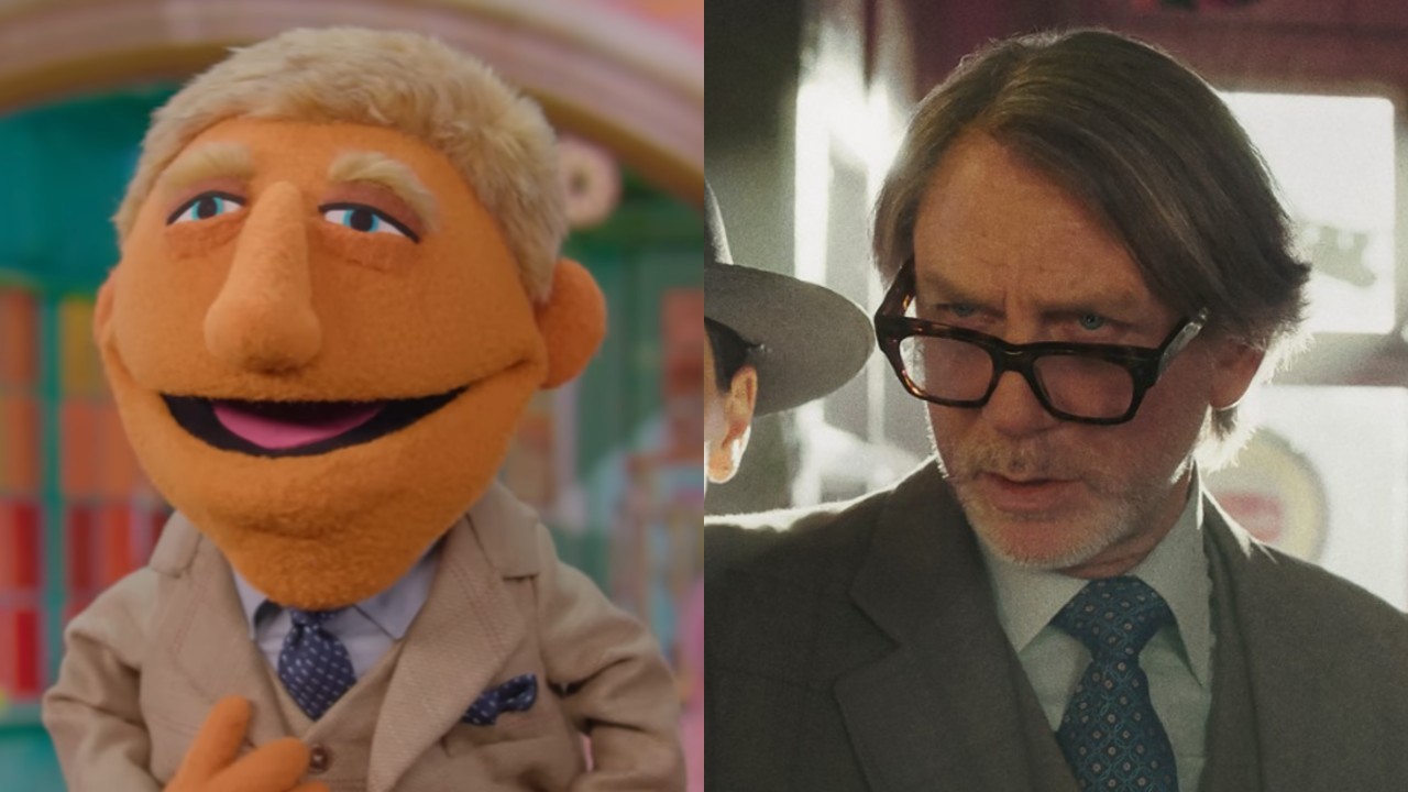 From left to right: The Muppet version of Benoit Blanc and Daniel Craig as Benoit Blanc in Wake Up Dead Man. 