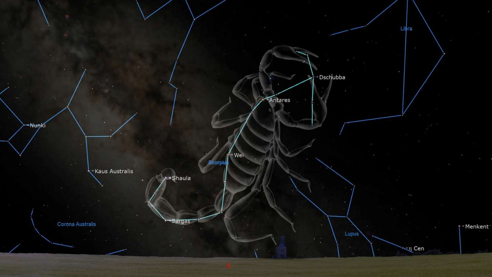 A map of the scorpion constellation in the night sky