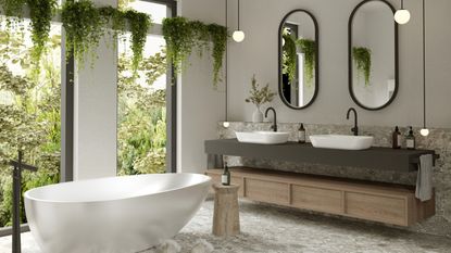 Modern natural bathroom with freestanding white tub, elevated hanging plants on a floor to ceiling windows and a double vanity