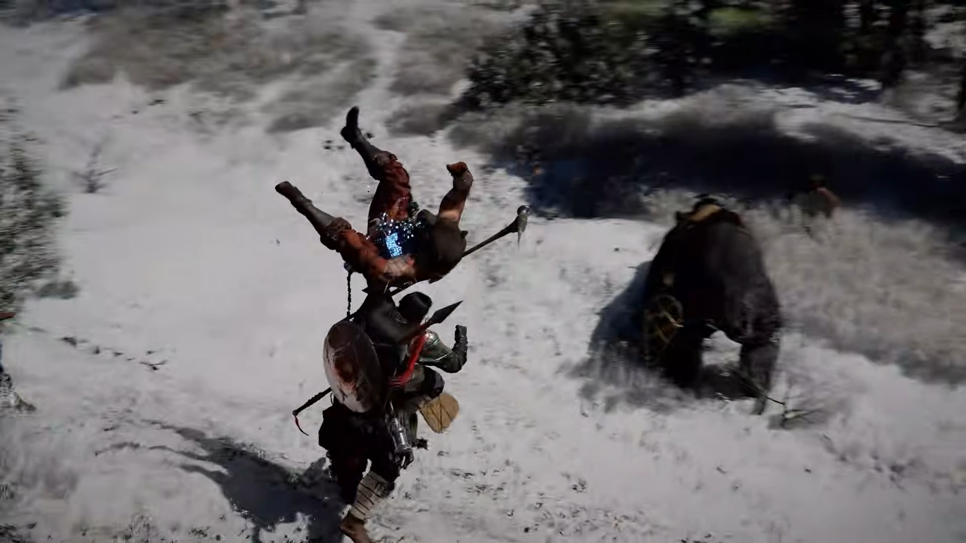 Trailer screenshot of Kliff chokeslamming an enemy in Crimson Desert.