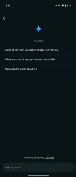 "Ask Photos" chat with Gemini grabs a slight rework with a cleaner UI and a few "Try asking" suggestions for users.