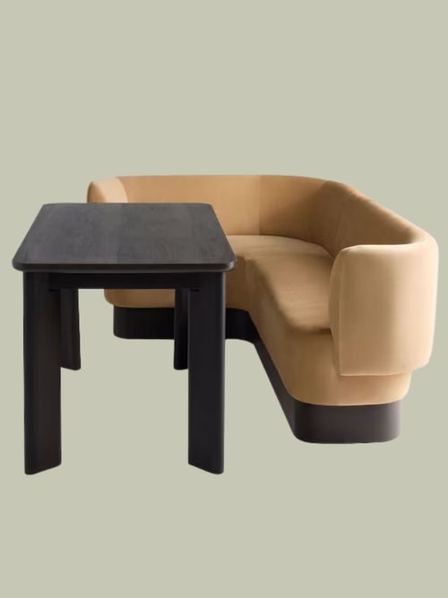 Left Hand Corner Corner Bench and Dining Table Set in Caramel Brown Velvet