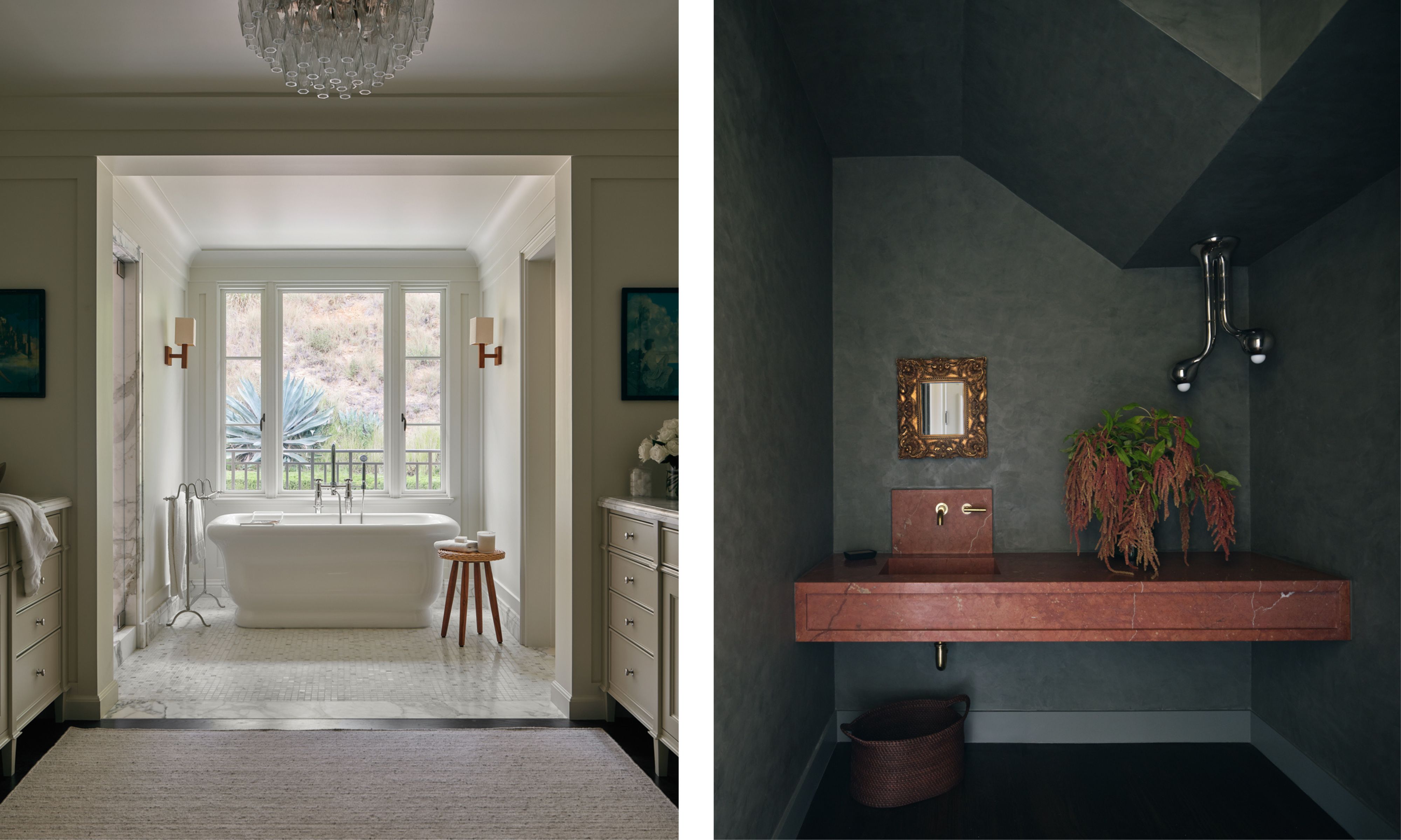 two side by side images of bathrooms, the left a neutral large primary bathroom with freestanding, the right a dark blue powder room with reddish pink marble