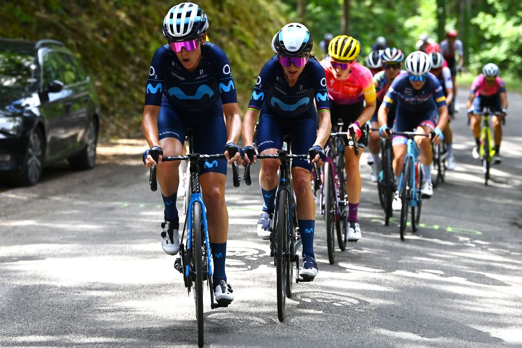 LE MARKSTEIN FRANCE JULY 30 LR Aude Biannic of France and Annemiek Van Vleuten of Netherlands and Movistar Team compete during the 1st Tour de France Femmes 2022 Stage 7 a 1271km stage from Slestat to Le Marksteinc TDFF UCIWWT on July 30 2022 in Le Markstein France Photo by Tim de WaeleGetty Images
