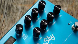 Close up of control knobs on a Strymon BigSky pedal