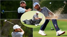 Scottie Scheffler sits on his golf bag, with various images around it