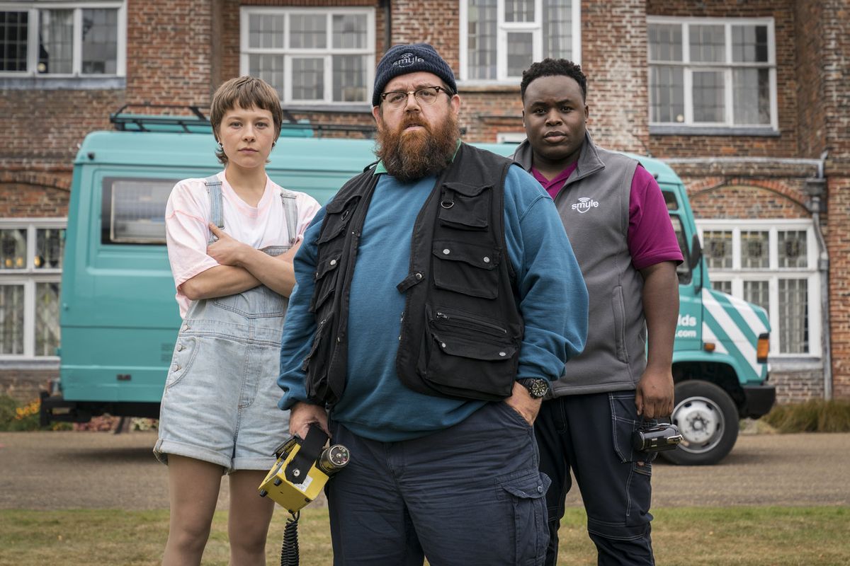 Nick Frost (centre) stars in Truth Seekers alongside Emma D&#039;Arcy and Samson Kayo.