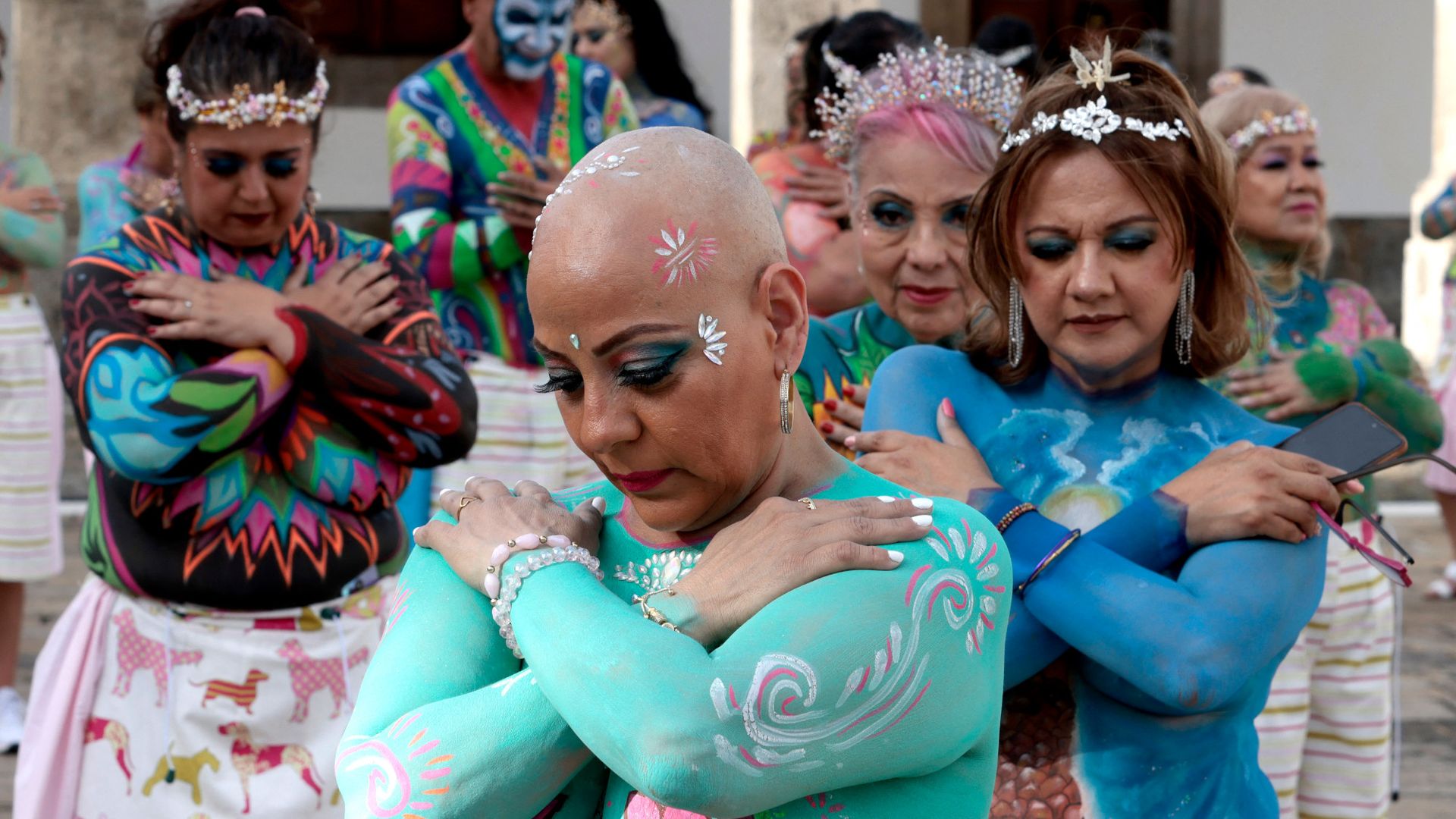 
                                Breast cancer survivors don body paint in a performance at the Cabañas Museum in Guadalajara, Mexico
                            