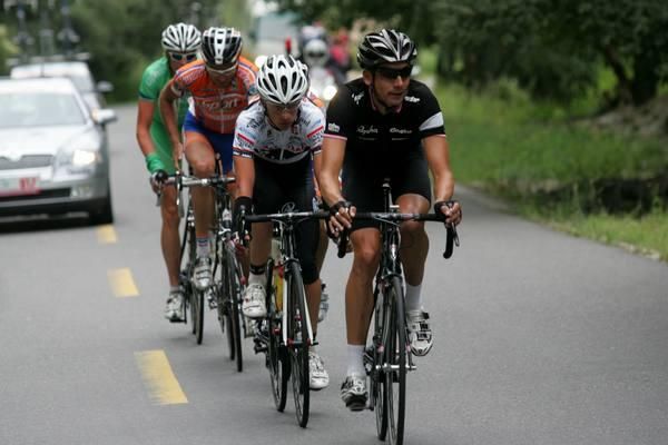 Darren Lapthorne (Rapha-Condor) leads the break as it whisks its way down the long incline.