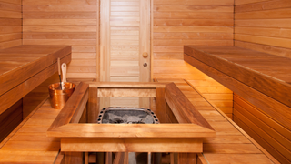 A picture of the inside of a sauna with a central stove, bucket and ladle.