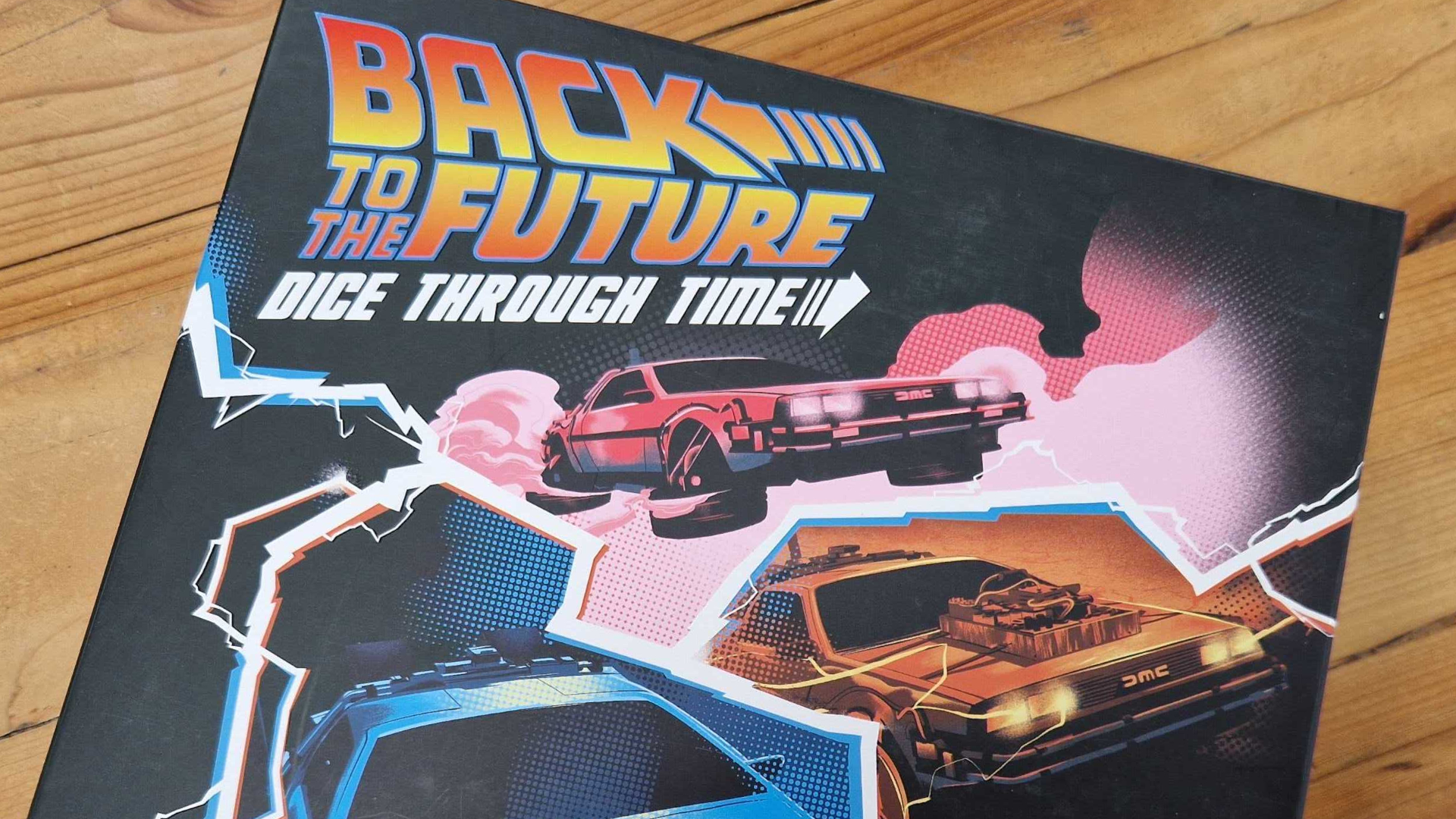 Back to the Future: Dice Through Time box on a wooden surface