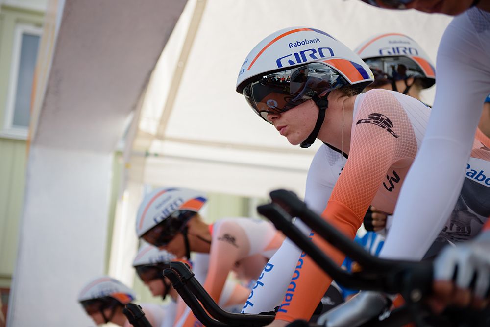 Olympic Road Race champion, Anna van der Breggen waits on the start ramp with her Rabo Liv teammates at the 42,5 km team time trial of the UCI Women's World Tour's 2016 Crescent V&aring;rg&aring;rda Team Time Trial