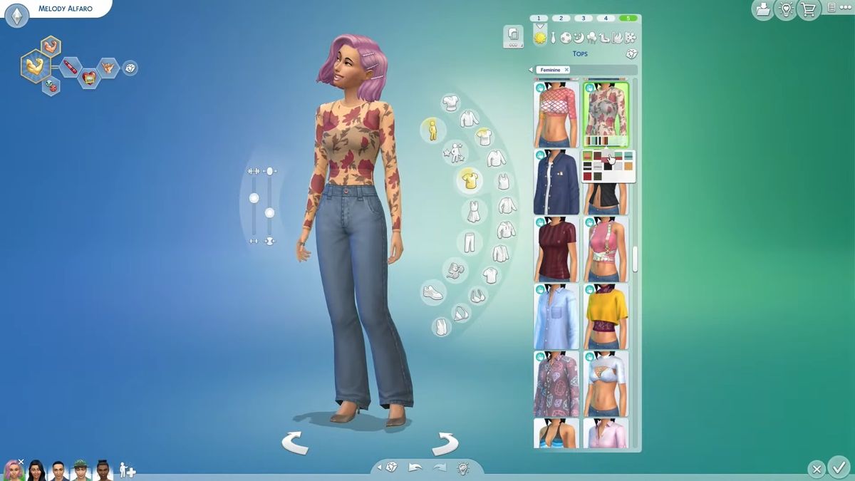 The Sims 4 lovestruck expansion - a sim with short pink hair and hair clips wears a see-through floral top over a tank top with flared jeans and hees