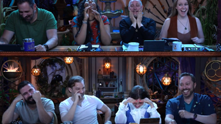 Whitney Moore from Critical Role puts her head in her hands as Sam Riegel trolls her.