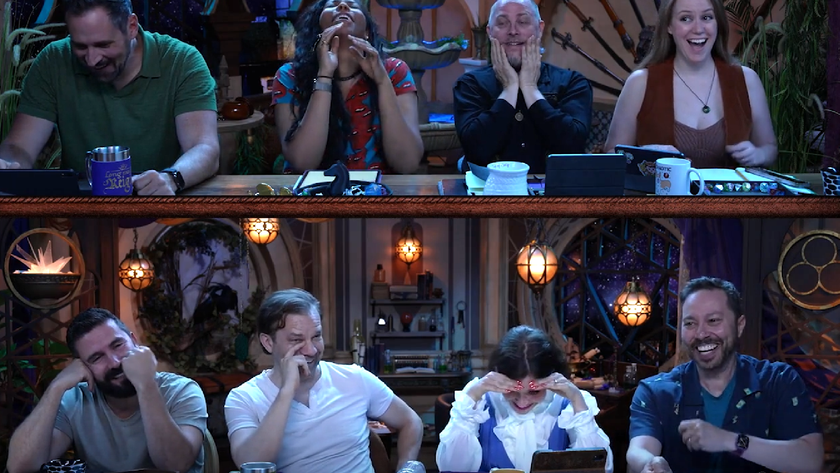 Whitney Moore from Critical Role puts her head in her hands as Sam Riegel trolls her.