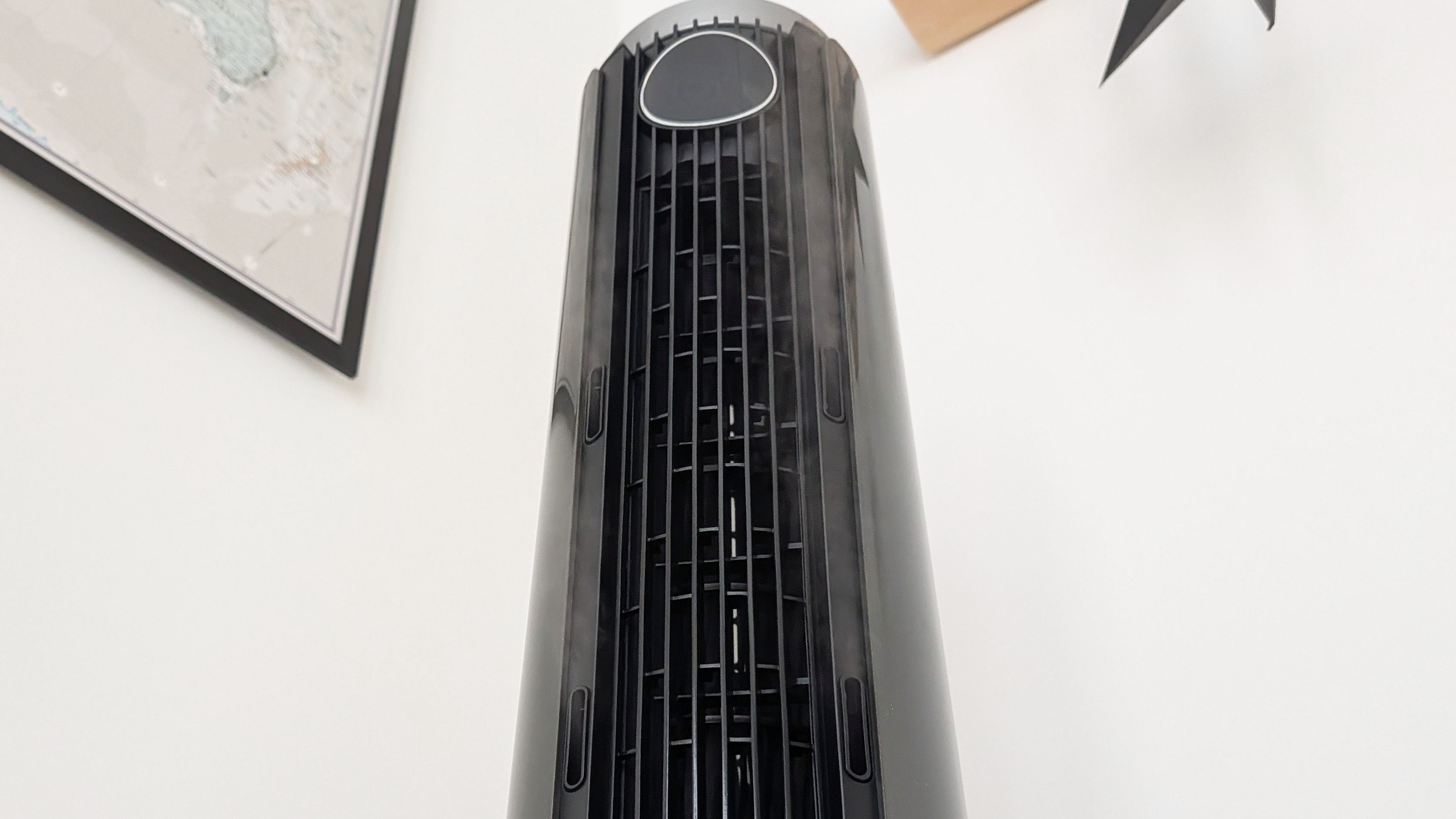 The front grille of the Dreo Smart Misting Fan 765S, with a tiny hint of mist just visible.
