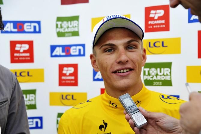 2013 Tour de Picardie champion Marcel Kittel (Team Argos-Shimano) speaks to the media.
