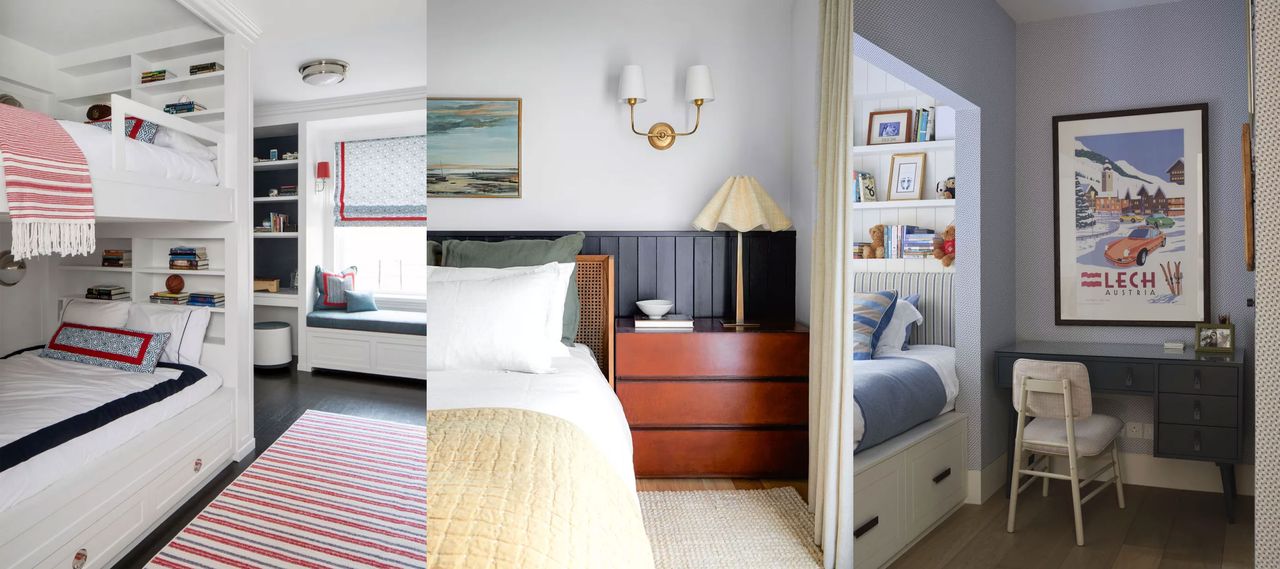 Small bedroom mistakes. Kid&#039;s bedroom with white bunk beds, red, blue, white scheme. Calming bedroom with paneled headboard, wooden bedside table, wall lamp and table lamp. Bed nook, desk, shelving.