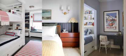 Small bedroom mistakes. Kid's bedroom with white bunk beds, red, blue, white scheme. Calming bedroom with paneled headboard, wooden bedside table, wall lamp and table lamp. Bed nook, desk, shelving.