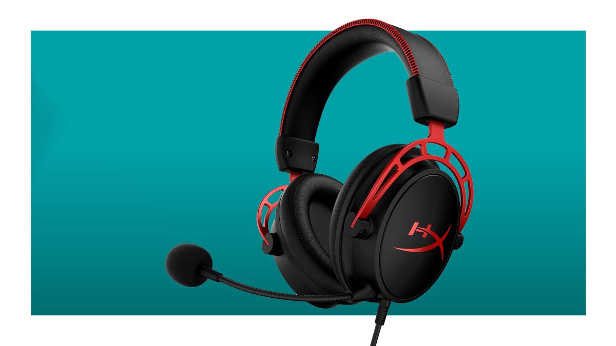 The wired version of the HyperX Cloud Alpha gaming headset floats in a teal void. It is an aviation-style headset with generous black padding on the ear cups and headband. It also has a microphone arm. Most of the body of the audio device is black, with the HyperX logo in red on the ear cup closest to the viewer, and red metal attaching the ear cups to the headband. Red stitching attaches the padding to the headband as well.