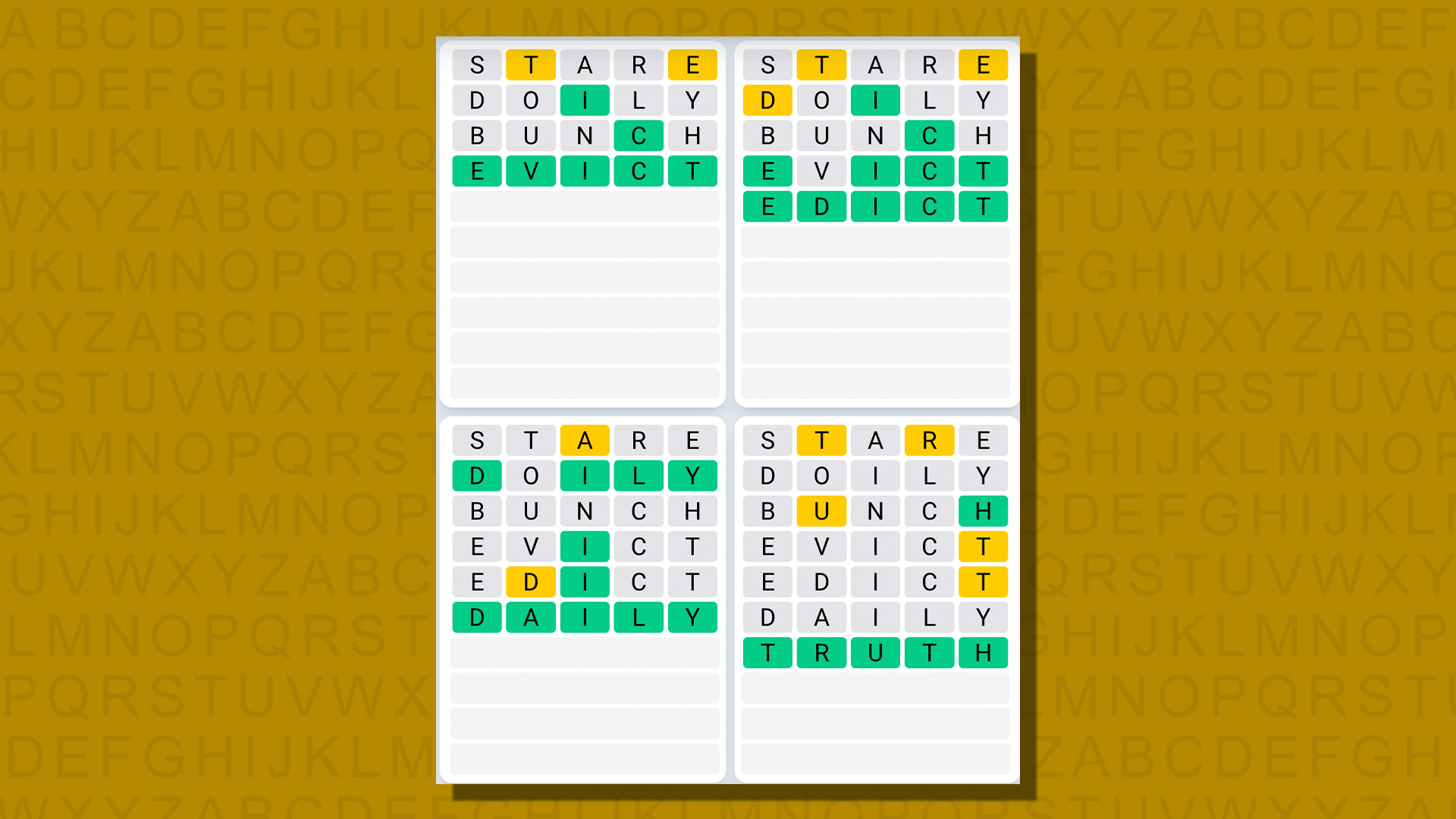 Respuestas de secuencia diaria de Quordle para el juego 770 sobre un fondo amarillo