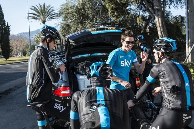 Nicolas Portal enjoys a joke with the Team Sky riders