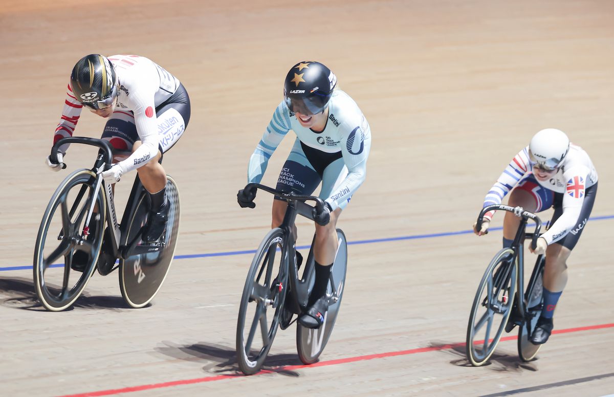 Picture by Alex Whitehead/SWpix.com - 27/11/2021 - Cycling - UCI Track Champions League Round 2 - Lithuania / Cido Arena, Panev&Auml;&Aring;&frac34;ys, Lithuania - Germany's Emma Hinze leads on her way to winning her semi final women's sprint.