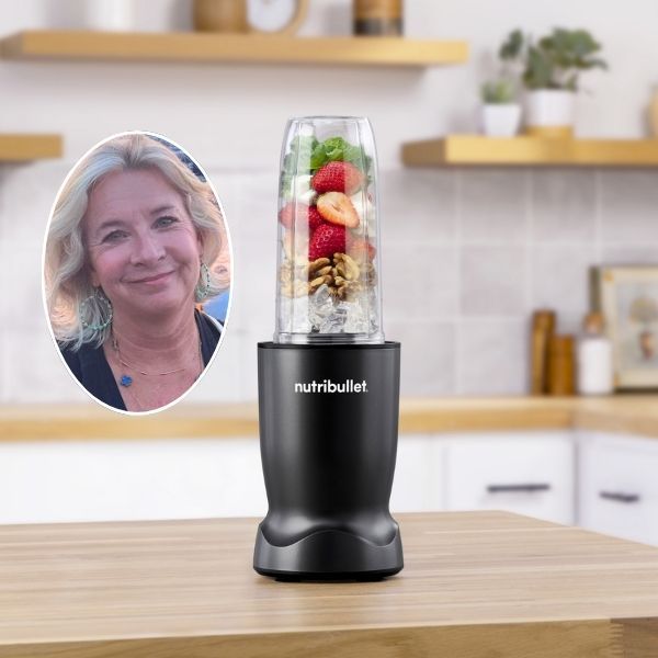 The Nutribullet Turbo blender alongside a headshot of the product tester, Facey Williams