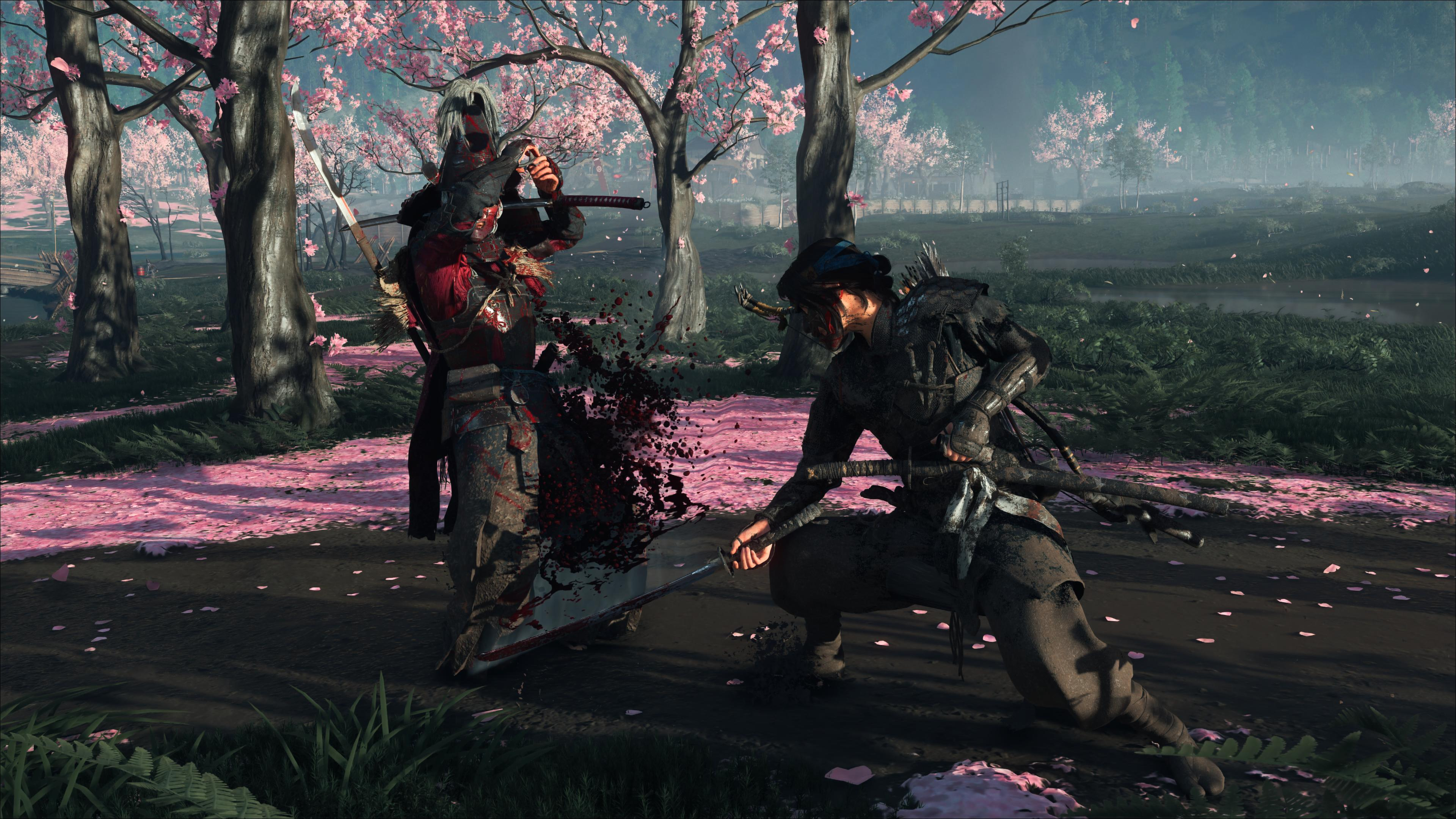 A screenshot of Atsu&#039;s in combat in Ghost of Yotei