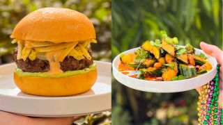 The junior Colombian Burger and Spicy Smashed Cucumbers side by side at Universal Mardi Gras 2024.
